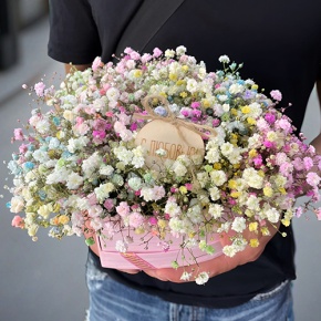 Композиция в коробке сердца из радужных гипсофил с топпером в Черноголовке